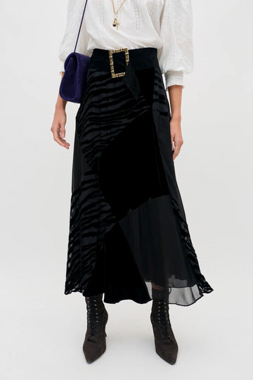 RIXO Patrizia Silk Velvet Patchwork Skirt Cooper Tiger Devore Black